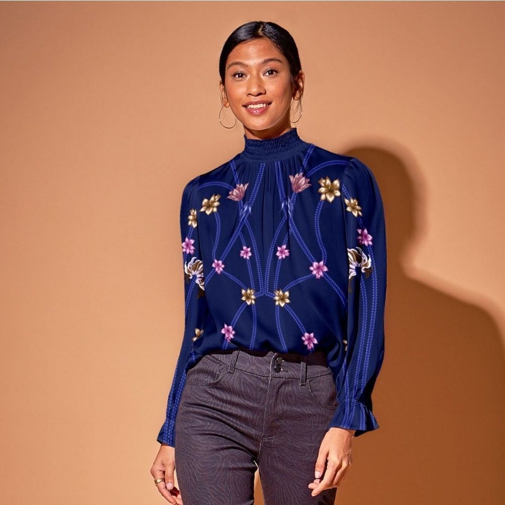 Tucker Stella Top Art Nouveau Floral in Royal Blue Silk Stretch Charmeuse Blouse
